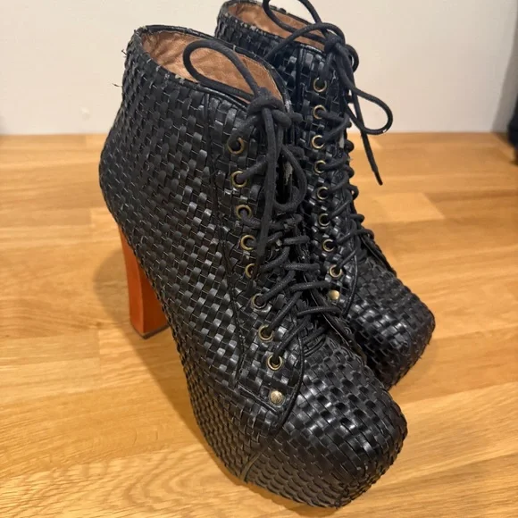 Jeffrey Campbell Black Woven Lita Lace-Up Platform Boots - Picture 7 of 14